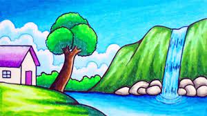 How to draw village scenery step by step | easy scenery drawing of a lakeside village for beginner. How To Draw Easy Scenery Drawing Waterfall In The Village Scenery Step Easy Scenery Drawing Scenery Drawing Scenery Drawing For Kids