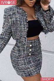 Black And White Plaid Skirt And Jacket Set Tweed Button Mini Skirt Jacket Sets Mini Skirts Fashion Dresses For Work