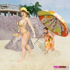 3d 3d (artwork) beach big breasts bikini blonde hair collar curvy  dominant female domination dominatrix female domination femdom femdom 3d  humiliation leash leash and collar outdoor sand servant slave