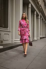 Nyc Style Blogger Wearing Pink Ruffle Saloni Dress Styled With Red Bag Heels And Red Lip Mary Orton Dresses Nice Dresses Fashion Outfits