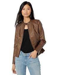 Sebby Collection Women S Faux Leather Jacket With Moto Details And Front Zip Pockets Sebby Collect Womens Faux Leather Faux Leather Jacket Women Leather Jacket