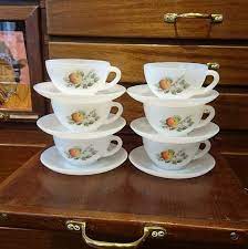 Arcopal Tea Set Arcopal France Cups And Saucers Arcopal Pyrex Pyrex Tea Set 1960s Tea Set White Arcopal Arcopal Cups Arcopal Saucers Tea Set Cup And Saucer Fruit Design