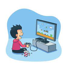 Descargue la foto de stock dibujos animados ilustración de un niño jugando un videojuego en el sofá con una bolsa de papas fritas y refrescos a su lado. Personaje Jugando Videojuegos Vector Gratis