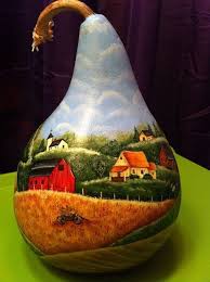 Rolling Hills Pais Escena Mano Pintado Calabaza Por Pappyspaintings Painted Gourds Hand Painted Gourds Decorative Gourds