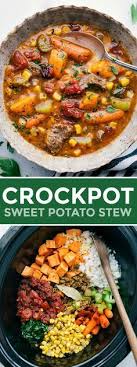 A Delicious Hearty And Healthy Sweet Potato Stew Made In The Crockpot Slow Cooker Th Chicken Crockpot Recipes Healthy Crockpot Recipes Pot Recipes Healthy