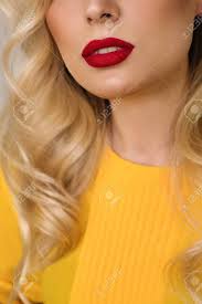 In general, blondes are better to avoid very dark shades of lipstick, though strong colors can look fantastic if they're applied judiciously. Sexy Red Lips Beauty Fashion Lip Make Up Matte Red Lipstick Medium Length Wave Blonde Hair Beauty Industry Concept Of Professional Make Up Space For Text Stock Photo Picture And Royalty