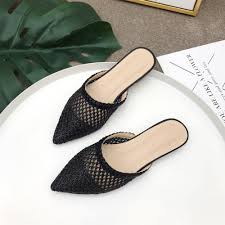 Us 14 08 36 Off Niufuni Women Pointed Toe Low Heel Slide Sandals Summer Slippers Cane Woven Beach Shoes Woman Mule Flat Sandals In Slippers From