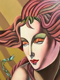 Postmodern Deco Style Adam and Eve Diptych Paintings by J. Collazzi D. 1987  For Sale at 1stDibs