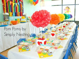 Rainbow Birthday Themes For Kids Unicorn Rainbow Art Party Table Centerpiece Tissue Paper Pom Poms Table Decorations Kids Birthda Rainbow Birthday Party Rainbow Parties Birthday Party Tables