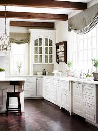 wood beam ceiling, white kitchen decor