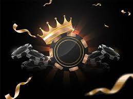 3d Illustration Of Casino Chips With Award Crown On Black Rays Background Decorated With Golden Confetti Ribbon Poster Background Design 3d Illustration Casino Chips