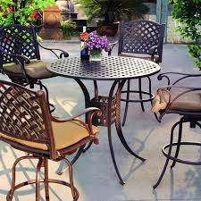 Darlee Nassau 5 Piece Cast Aluminum Patio Bar Set With Swivel Bar Stools Bbqguys Patio Bar Set Bar Height Patio Set Patio Bar