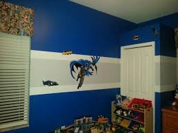 The other walls can be a color similar to the accent wall, or use a completely different. Batman Playroom With Sherwin Williams Hyper Blue Paint And Evening Shadow Stripe Childrens Ministry Decor Boy Decor Playroom