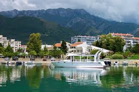 Budva old town on the budva riviera and nicola island seen from mogren beach. Bar Montenegro Franks Travelbox