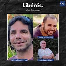 Enfin libres ! Après 484 jours de captivité, trois nouveaux otages sont  libérés aujourd'hui : 🎗️ Ofer Kalderon, 54 ans 🎗️ Yarden Bibas, 35 ans  🎗️ Keith Siegel, 64 ans Enlevés par