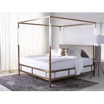 Champagne gold finish metal canopy bed with upholstered headboard insert upholstery options include white linen, dark grey linen, or black bonded leather mattress and box spring are required for use, but not included full bed measures 58.5 w x 81 d x 83 h queen bed measures 64.5 w x 86 d x 83 h kingbed measures 80.5 w x 86 d x 83 h. Gold King Size Canopy Beds You Ll Love In 2021 Wayfair