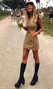 Flying Free Yellow Black Check Plaid Pattern Strapless Smocked Crop Top Bodycon Two Piece Mini Dress As Seen On Nicole Thorne Festival Outfit Coachella Outfit Festival Outfits