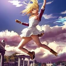 prompthunt: blonde - haired princess, anime princess, wearing skinsuit,  action pose, parkour, plaza, greco - roman pillars, golden hour, partly  cloudy sky, sepia sun, strong lighting, strong shadows, vivid hues, ultra -