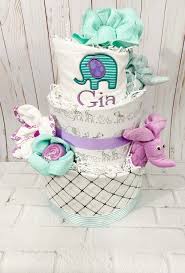 Elephant Diaper Cake Elephant Baby Shower Lilac And Teal Baby Etsy