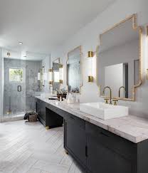 Black And White Vanity Ideas Herringbone Floor In Black White And Brass Bathroom White Master Bathroom Modern Master Bathroom Design Black Vanity Bathroom