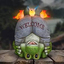 Amazon Com Exhart Solar Welcome Frog And Birds Garden Statue Hand Painted Resin Statue Of An Upside Down Frog With We Frog Decor Garden Statues Bird Garden