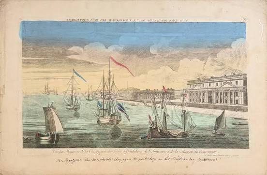 The English Fort of Bombay This hand-coloured copper engraving presents two views on a single plate of the English Fort of Bombay — the Castle — the upper showing it from the