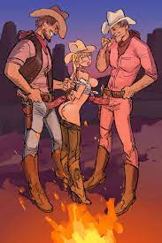 1girls 2boys arm grab au (artist) blonde hair blush boli-blog  bondage bound wrists campfire cowboy cowboy boots cowboy hat cowgirl erect  nipples erection female from behind position high heel