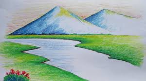 Beginners Mountain Landscape Drawing With Oil Pastel Landscape Drawing Easy Drawing Scenery Pastel Landscape