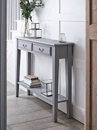 With A Warm Grey Painted Finish And Two Slender Drawers With Simple Brass Handles This New Version Hall Table Decor Console Table Hallway Small Console Tables