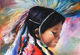 Native American Young Warrior Chief Boy Painting Colorful Thoughtful  Soulful South Western Vintage Art Bright Colors Red Blue Yellow Black