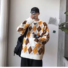 Men Diamond Plaid Pattern Oversized Sweater Argyle Sweater Outfit Oversized Sweater Outfit Aesthetic Sweaters