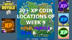 The map above, created by popular fortnite dataminer thebritefuture, shows the location of all week 9 xp coins. 20 Xp Coin Locations Of Week 9 Gold Purple Blue Green Youtube