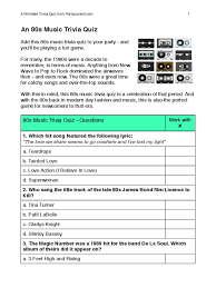 Free printable 80's trivia questions and answers printable. 80s Music Trivia Quiz Entertainment General Leisure