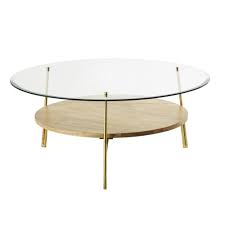 Vintage antique style round coffee table with glass top & gold frame retro home living room lounge kitchen dining room furniture tables. Round Tempered Glass And Solid Mango Wood Coffee Table Sola Maisons Du Monde