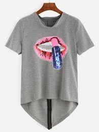 Heather Grey Sequin Lip Zip Back High Low T Shirt Shein Sheinside Mobile Site Heather Gray Tee Clothes Design Cool Outfits