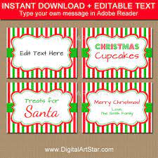 Order personalized candy labels & stickers for candy bar wrappers & packaged candies. Printable Christmas Food Labels Tent Cards Christmas Place Cards Candy Buffet Tags Editable Christmas Template Red Green Stripes Csv By Digital Art Star Catch My Party