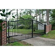 Mighty Mule Biscayne 14 Ft W X 5 Ft H 6 In Powder Coated Steel Dual Driveway Fence Gate G2714 Kit The Home Depot Driveway Fence Fence Gate Farm Gates Entrance