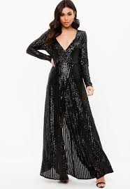 Missguided Black Sequin Plunge Long Sleeved Maxi Dress With Images Flowy Dress Long Maxi Dress Dresses