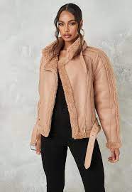 Premium Brown Borg Belted Aviator Jacket Aviator Jackets Jackets Missguided