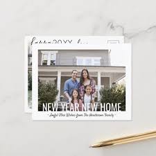 2 Photo New Year New Home Modern Minimalist Script Holiday Postcard Zazzle Com Moving Announcement Postcard Holiday Postcards Holiday Script