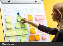 profile businesswoman standing white flipchart pointing