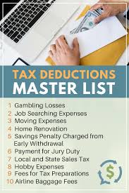 The Master List Of All Types Of Tax Deductions Infographic Tax Deductions Business Tax Deductions Income Tax Preparation