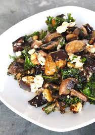 Warm Eggplant Mushroom And Kale Salad Recipe Eggplant Recipes Stuffed Mushrooms Warm Salad Recipes