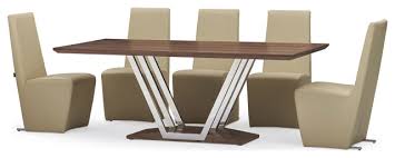 Incorporating a tempered clear glass tabletop on top of metal legs, the fun geometric shape of the base makes this piece a conversation starter. Modern Roman Dining Table With Walnut Veneer Top And Stainless Steel Base Contemporary Dining Tables By Zuri Furniture Houzz