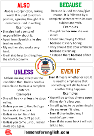 Uses Also Because Unless And Even If In English Definition And Example Sentences Because Becaus In 2020 English Phrases Learn English Words English Vocabulary Words