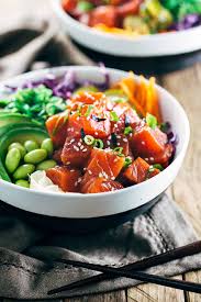 Spicy Salmon Poke Bowls Jessica Gavin Recipe Poke Bowl Recipe Salmon Poke Bowl Recipe No Cook Meals