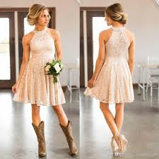 New Peach Dress For Wedding Guest Cheap Short Lace Country