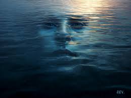 Surreal reflective lake with hidden face