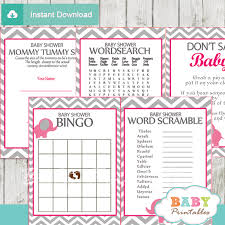 There are bingo cards with woodland animals, dragons, jungle animals, zoo animals, the eiffel tower, and pink and leopard print. Hot Pink Elephant Baby Shower Games D103 Baby Printables