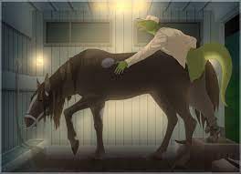 1boy 1boy1girl 1girls anal anal sex anthro anthro on feral bodily  fluids bottomwear claws clothing detailed background duo equid equine feral  horse lewis resmond lizard male male on feral